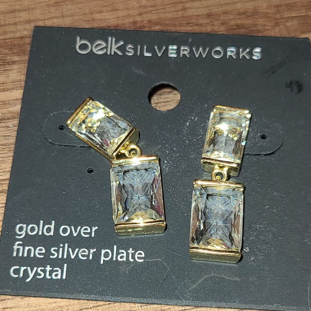 Crystal Dangle Earrings. Gold Over Silver. Pierced.